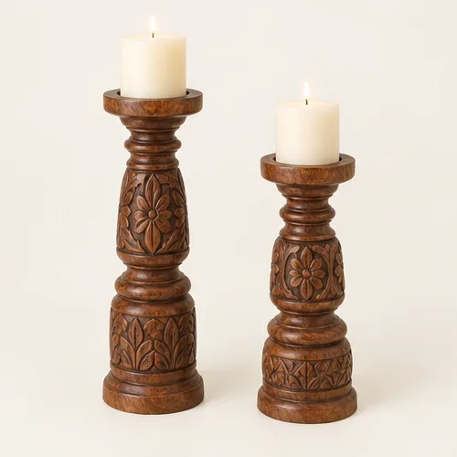 Carved Pillar Candle Stands (Pair)