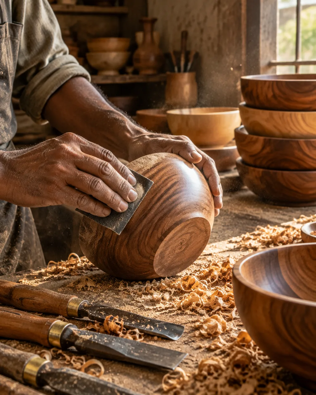Artisan sanding a wooden bowl in the workshop